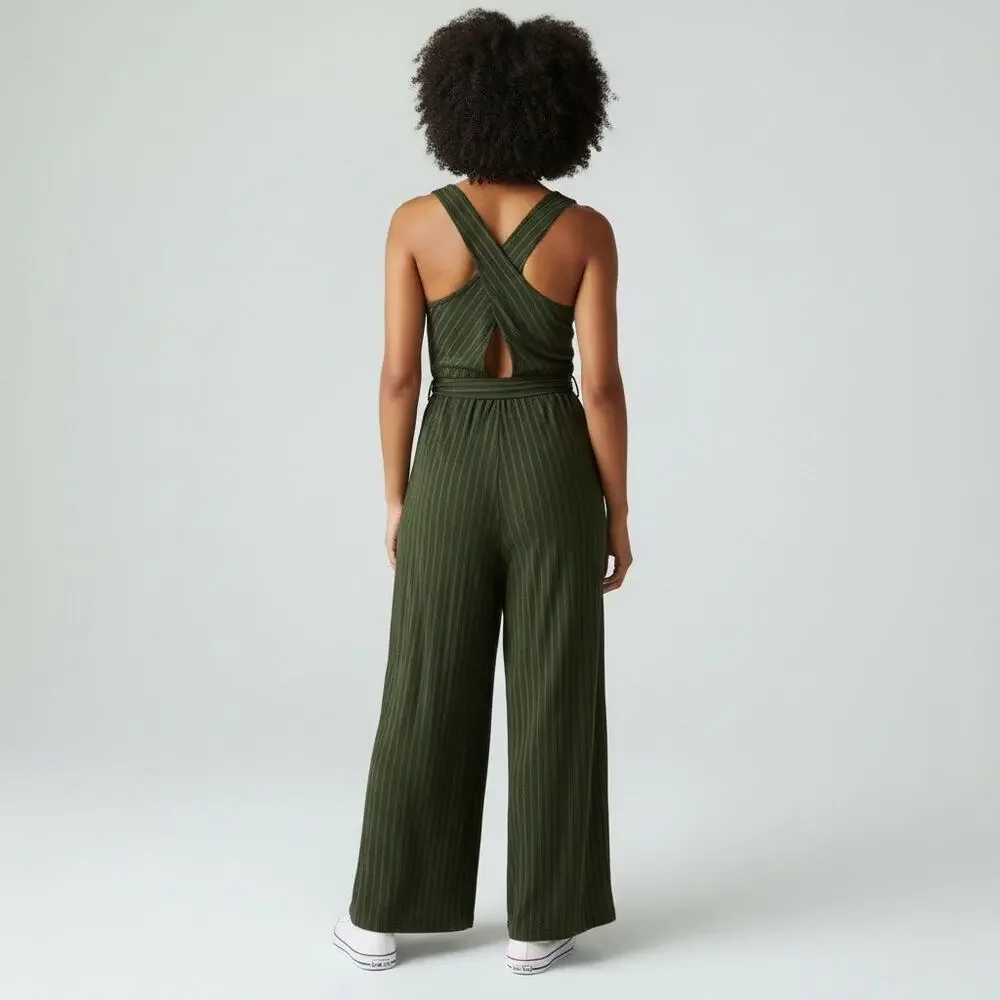 Flying Tomato Sleeveless Wide Leg Belted Jumpsuit in Green‎ Size Small